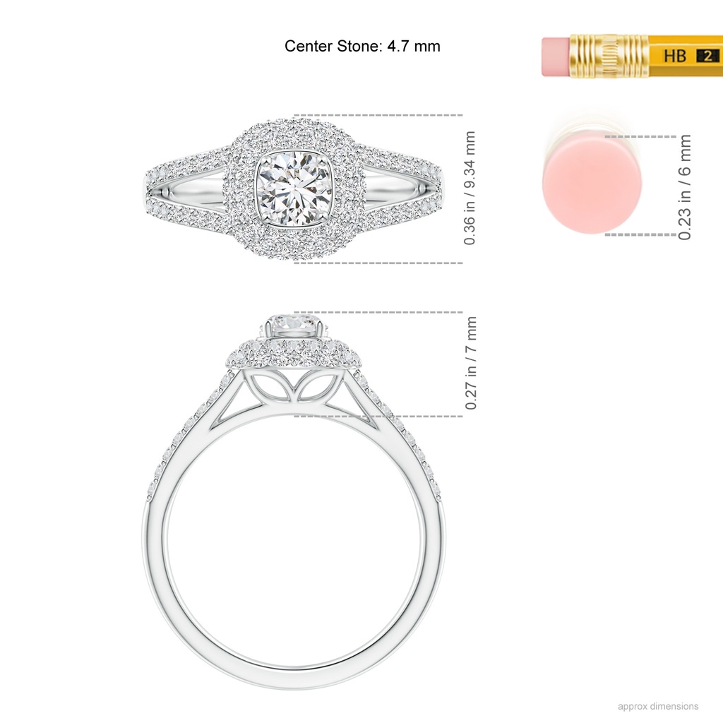 4.7mm HSI2 Cushion Halo Diamond Ring with Accented Split Shank in White Gold Ruler