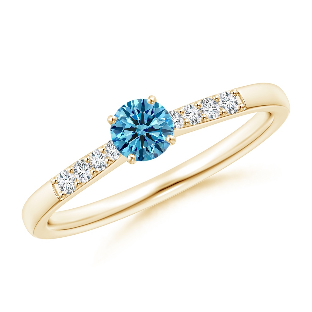 4.1mm AAAA Solitaire Fancy Intense Blue Diamond Tapered Shank Engagement Ring with Accents in Yellow Gold