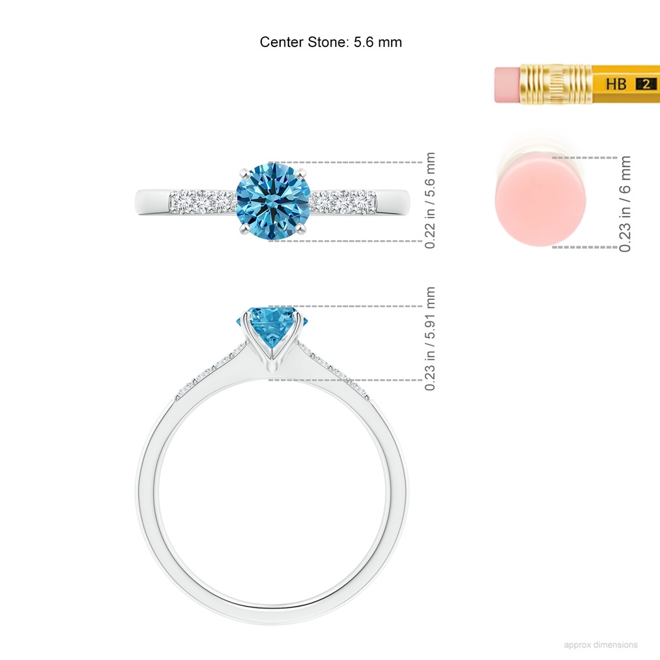 5.6mm AAAA Solitaire Fancy Intense Blue Diamond Tapered Shank Engagement Ring with Accents in P950 Platinum ruler