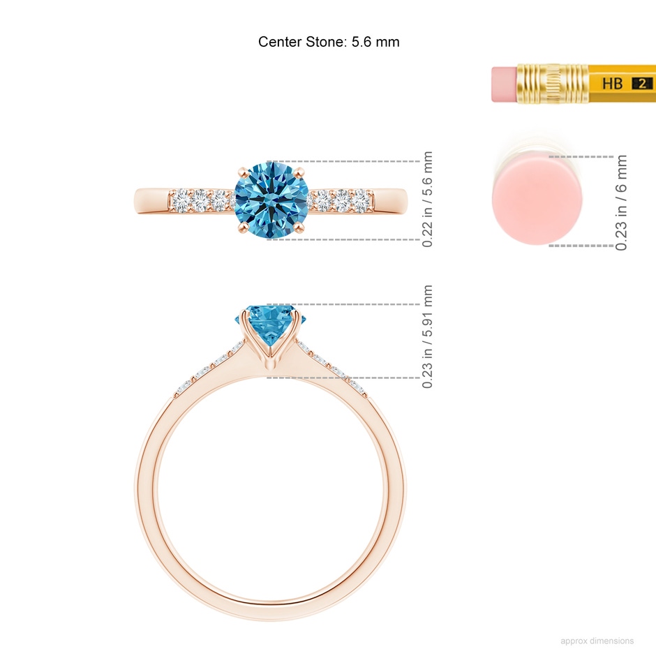 5.6mm AAAA Solitaire Fancy Intense Blue Diamond Tapered Shank Engagement Ring with Accents in Rose Gold ruler