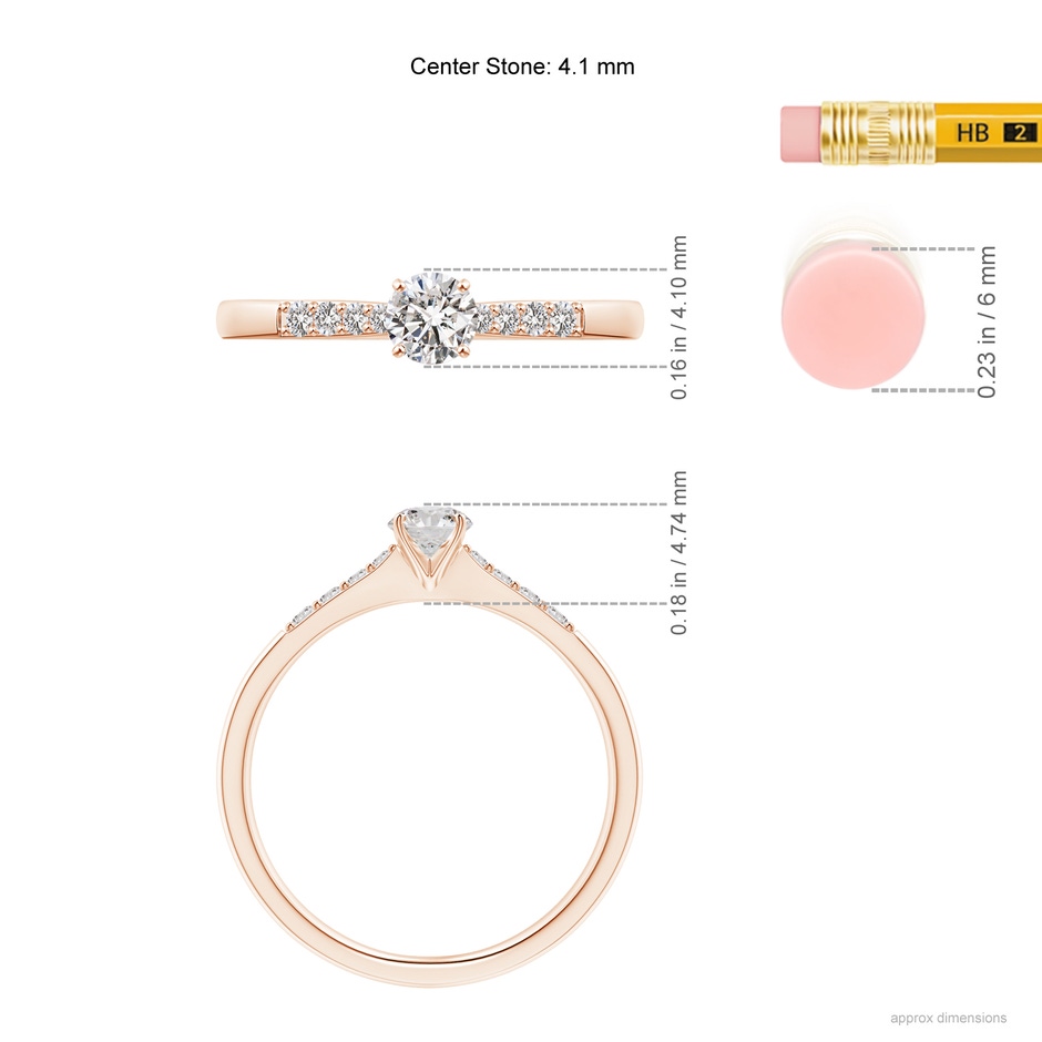 4.1mm IJI1I2 Solitaire Diamond Tapered Shank Engagement Ring with Accents in Rose Gold ruler