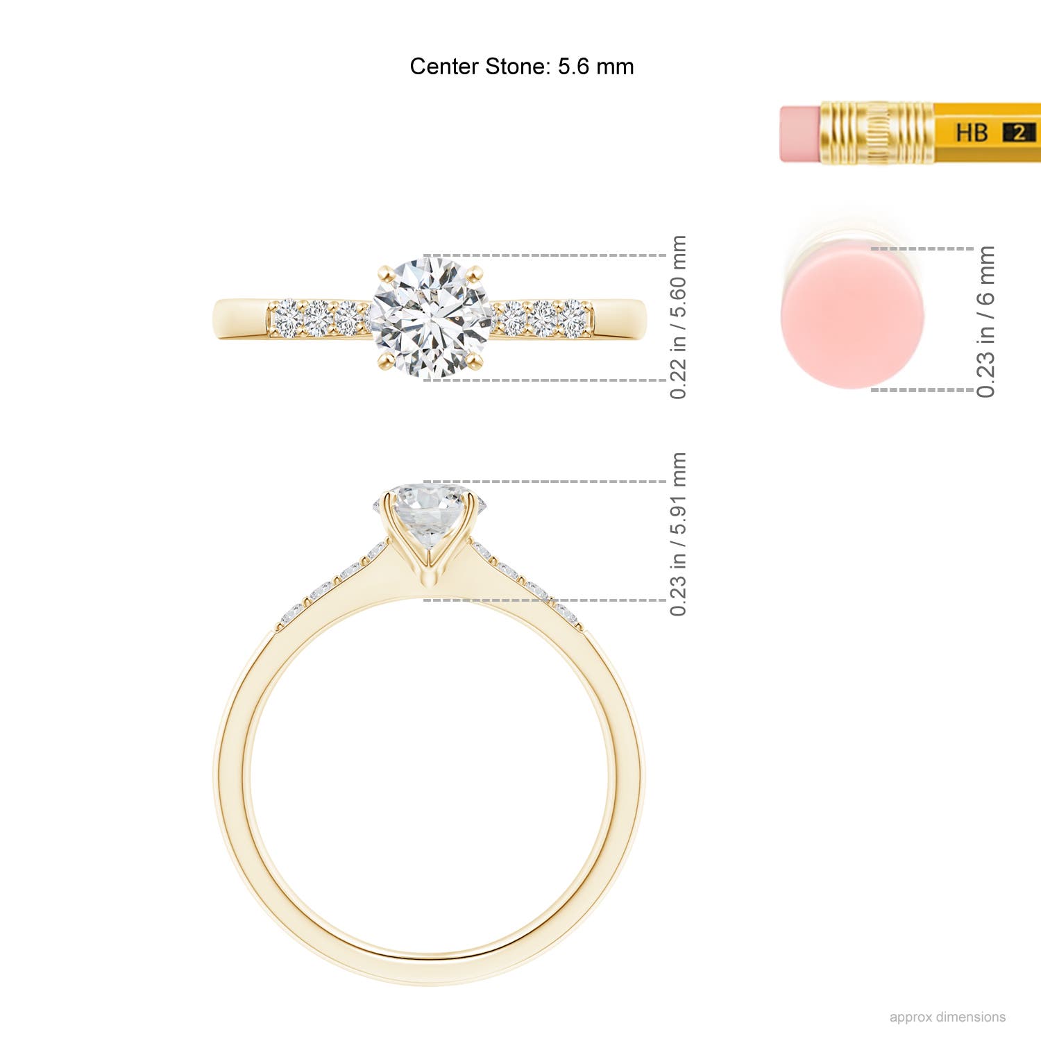 5.6mm HSI2 Solitaire Diamond Tapered Shank Engagement Ring with Accents in Yellow Gold - ruler