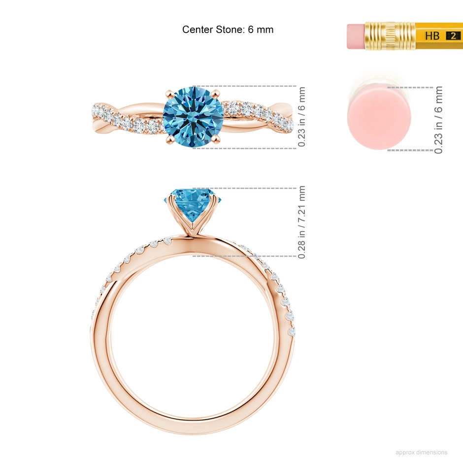 6mm AAAA Solitaire Fancy Intense Blue Diamond Twist Shank Engagement Ring with Accents in Rose Gold ruler