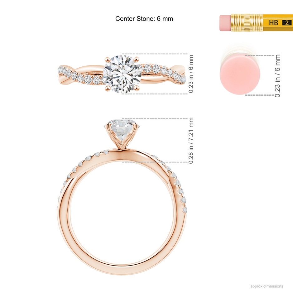 6mm HSI2 Solitaire Diamond Twist Shank Engagement Ring with Accents in Rose Gold ruler