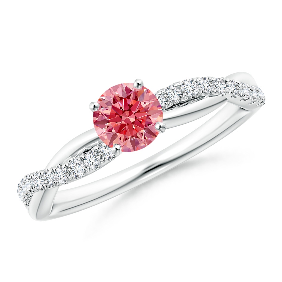 5.2mm AAAA Solitaire Fancy Intense Pink Diamond Twist Shank Engagement Ring with Accents in White Gold 