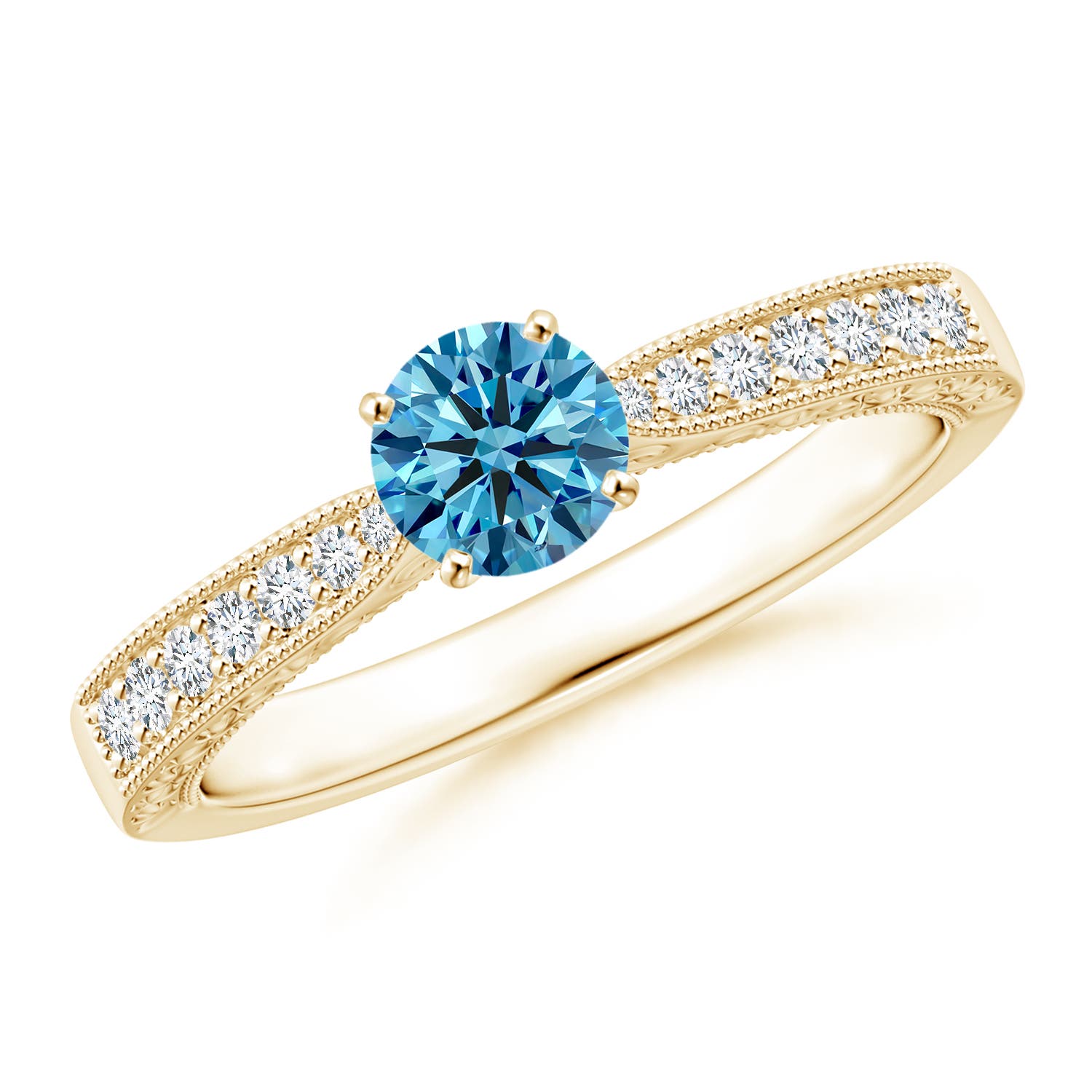 Angara 0.51 CTW Fancy Intense Blue Diamond Solitaire Engraved Engagement Ring with Accents in 18K Yellow Gold