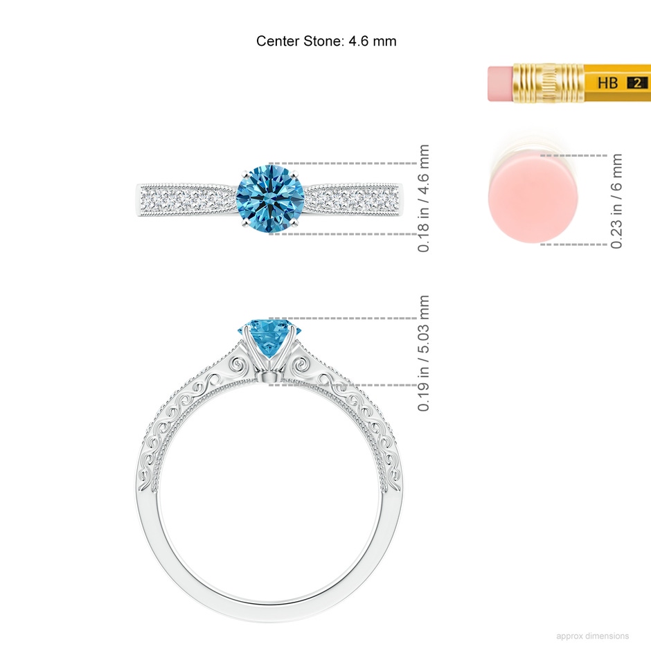 4.6mm AAAA Fancy Intense Blue Diamond Solitaire Engraved Engagement Ring with Accents in P950 Platinum ruler
