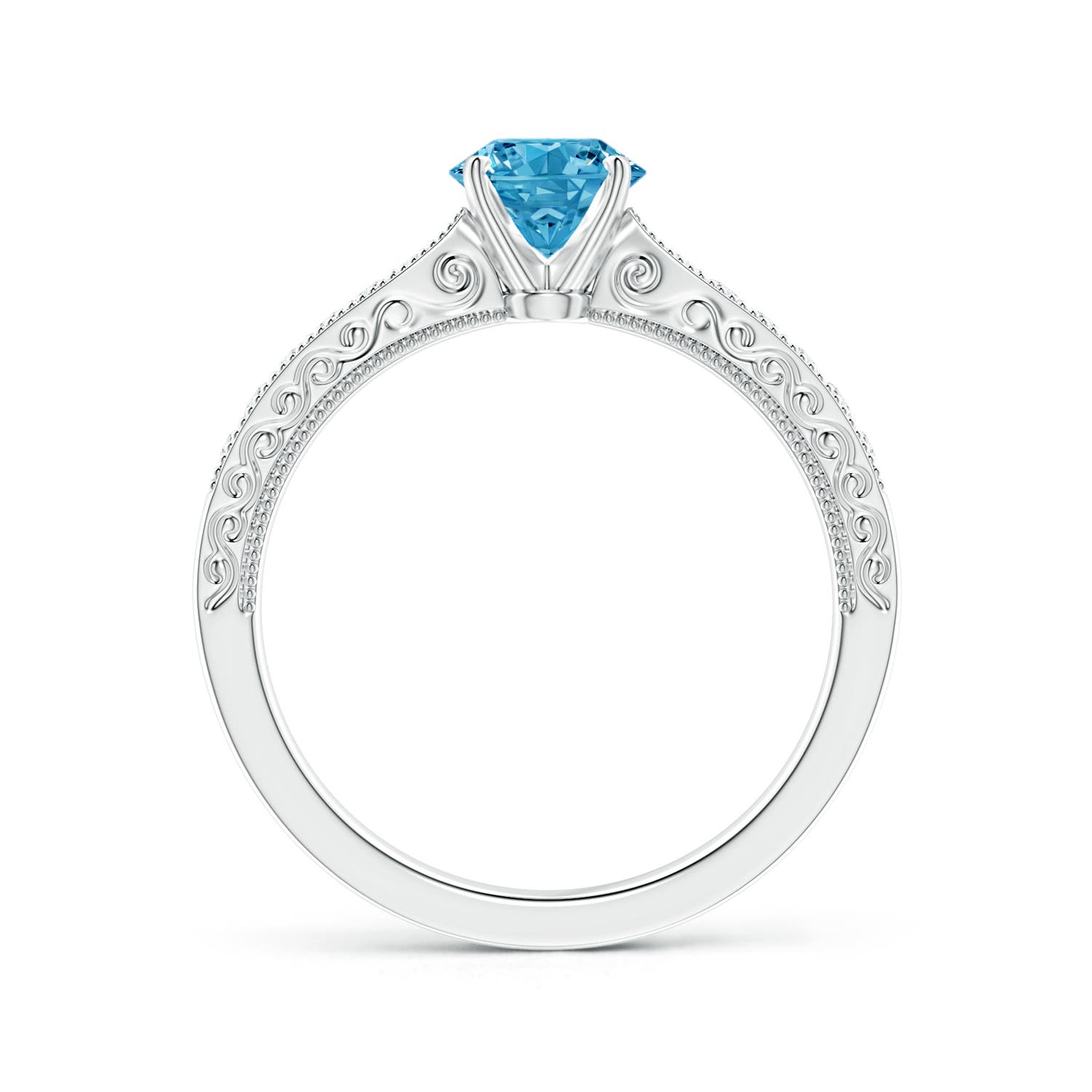 5.4mm AAAA Fancy Intense Blue Diamond Solitaire Engraved Engagement Ring with Accents in 18K White Gold