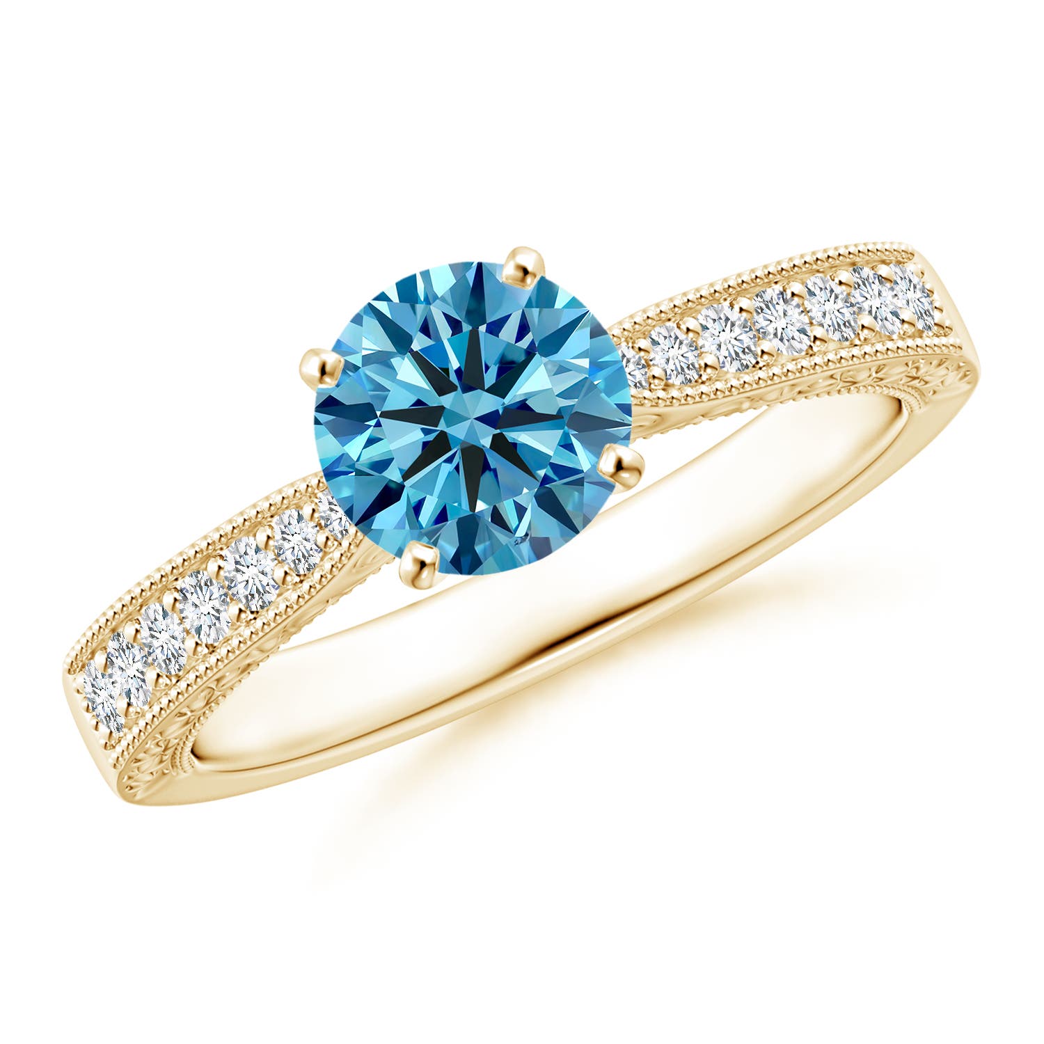 Angara 1.04 CTW Fancy Intense Blue Diamond Solitaire Engraved Engagement Ring with Accents in 18K Yellow Gold