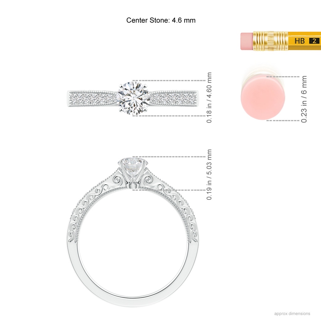 4.6mm HSI2 Diamond Solitaire Engraved Engagement Ring with Accents in White Gold Ruler