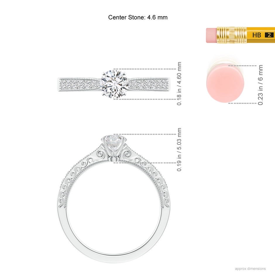 4.6mm HSI2 Diamond Solitaire Engraved Engagement Ring with Accents in White Gold ruler