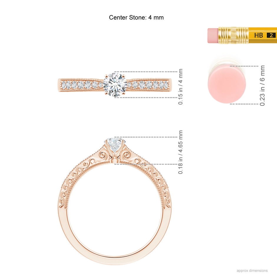 4mm GVS2 Diamond Solitaire Engraved Engagement Ring with Accents in Rose Gold ruler