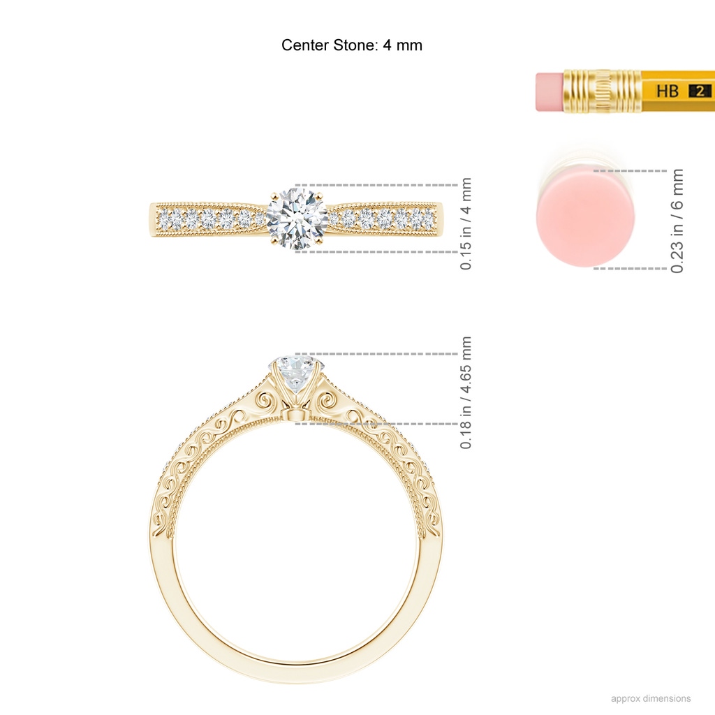 4mm GVS2 Diamond Solitaire Engraved Engagement Ring with Accents in Yellow Gold Ruler