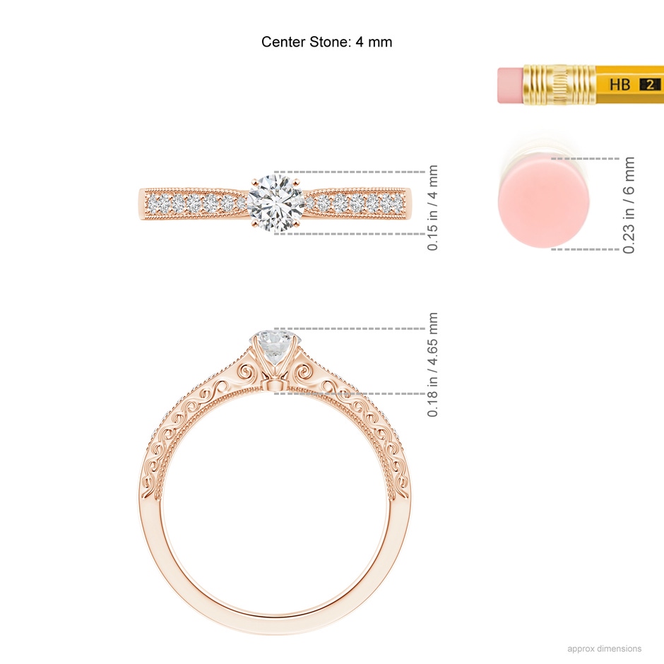 4mm HSI2 Diamond Solitaire Engraved Engagement Ring with Accents in Rose Gold ruler