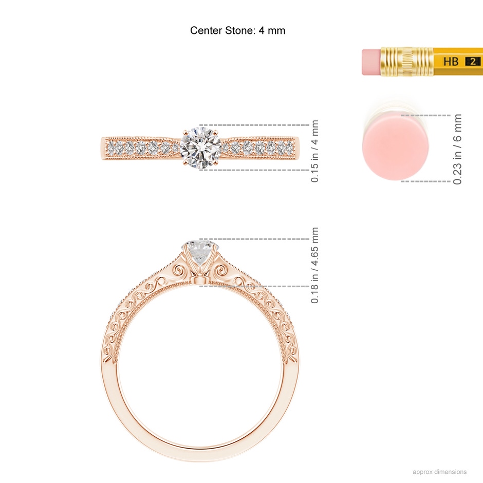 4mm IJI1I2 Diamond Solitaire Engraved Engagement Ring with Accents in Rose Gold ruler