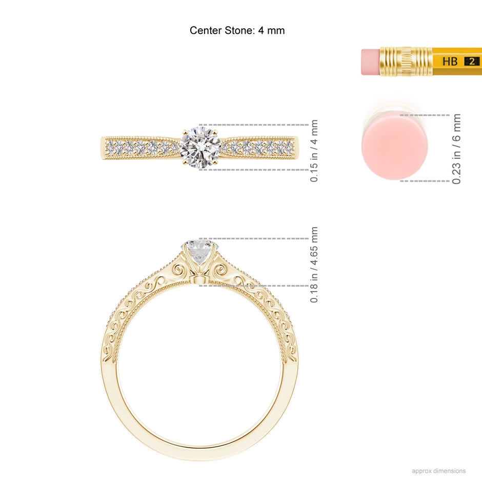 4mm IJI1I2 Diamond Solitaire Engraved Engagement Ring with Accents in Yellow Gold ruler