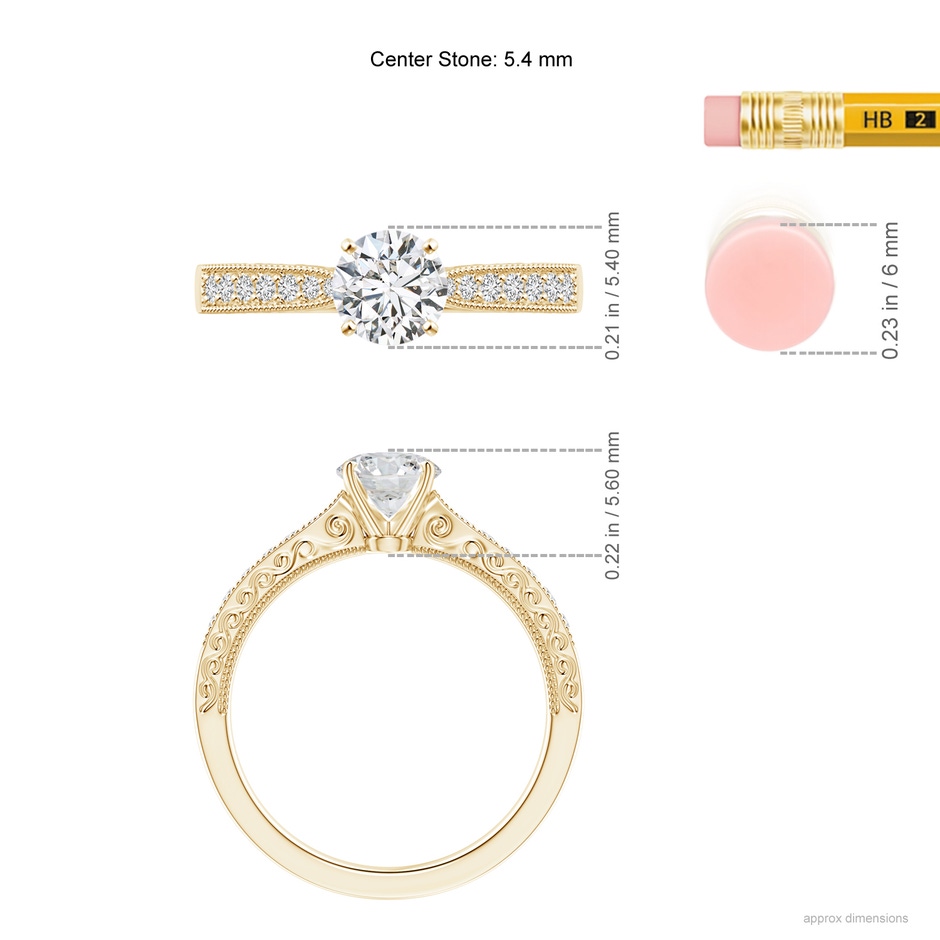 5.4mm HSI2 Diamond Solitaire Engraved Engagement Ring with Accents in Yellow Gold ruler
