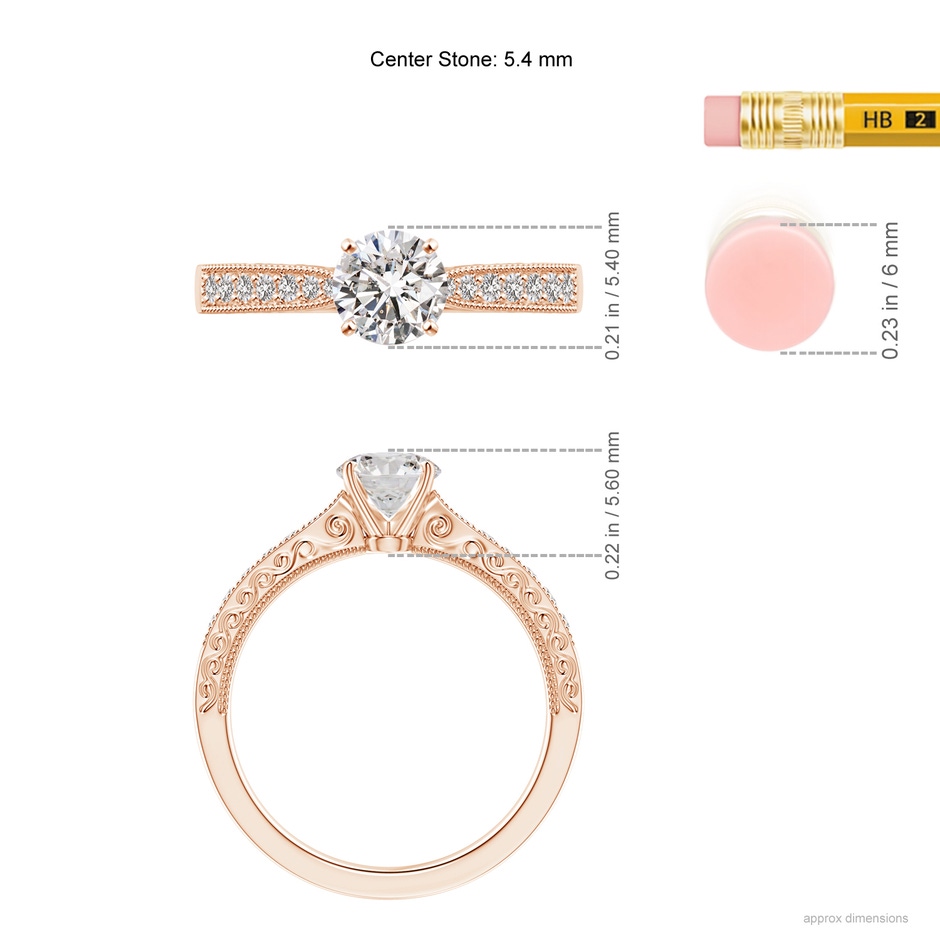 5.4mm IJI1I2 Diamond Solitaire Engraved Engagement Ring with Accents in Rose Gold ruler