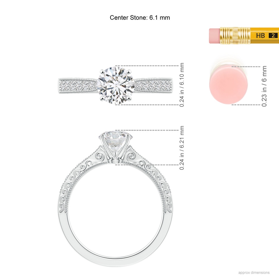 6.1mm HSI2 Diamond Solitaire Engraved Engagement Ring with Accents in White Gold ruler