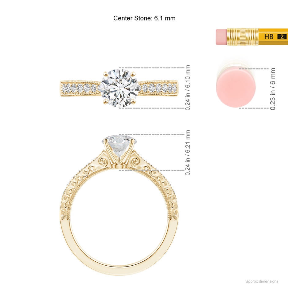 6.1mm HSI2 Diamond Solitaire Engraved Engagement Ring with Accents in Yellow Gold ruler