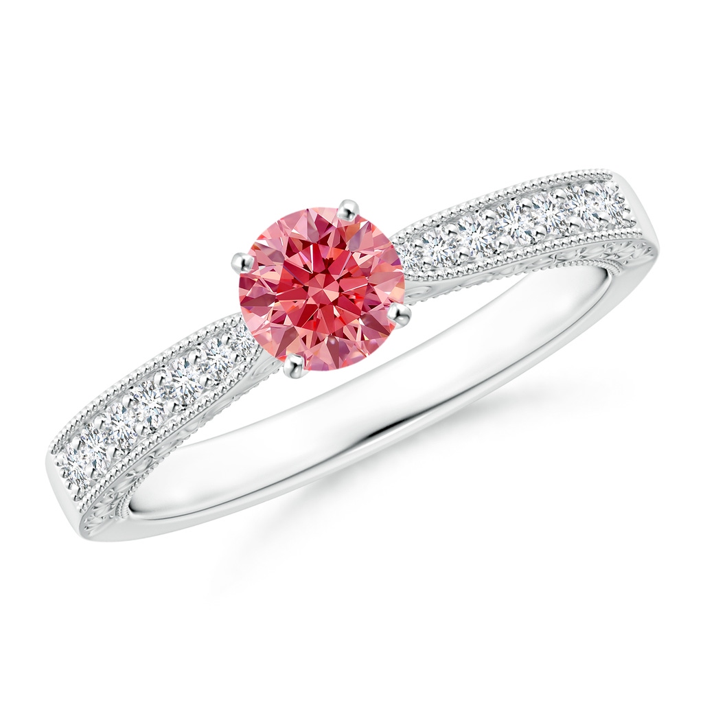 4.6mm AAAA Fancy Intense Pink Diamond Solitaire Engraved Engagement Ring with Accents in P950 Platinum