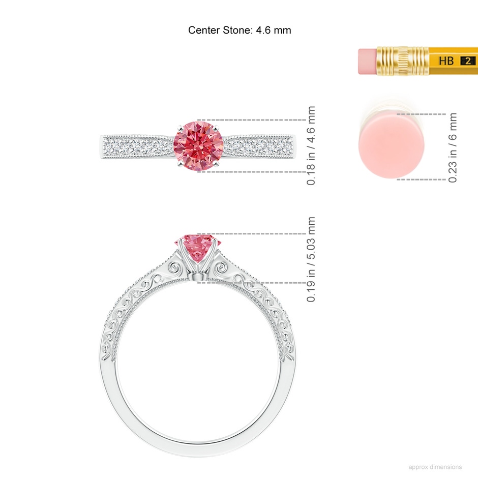 4.6mm AAAA Fancy Intense Pink Diamond Solitaire Engraved Engagement Ring with Accents in P950 Platinum ruler