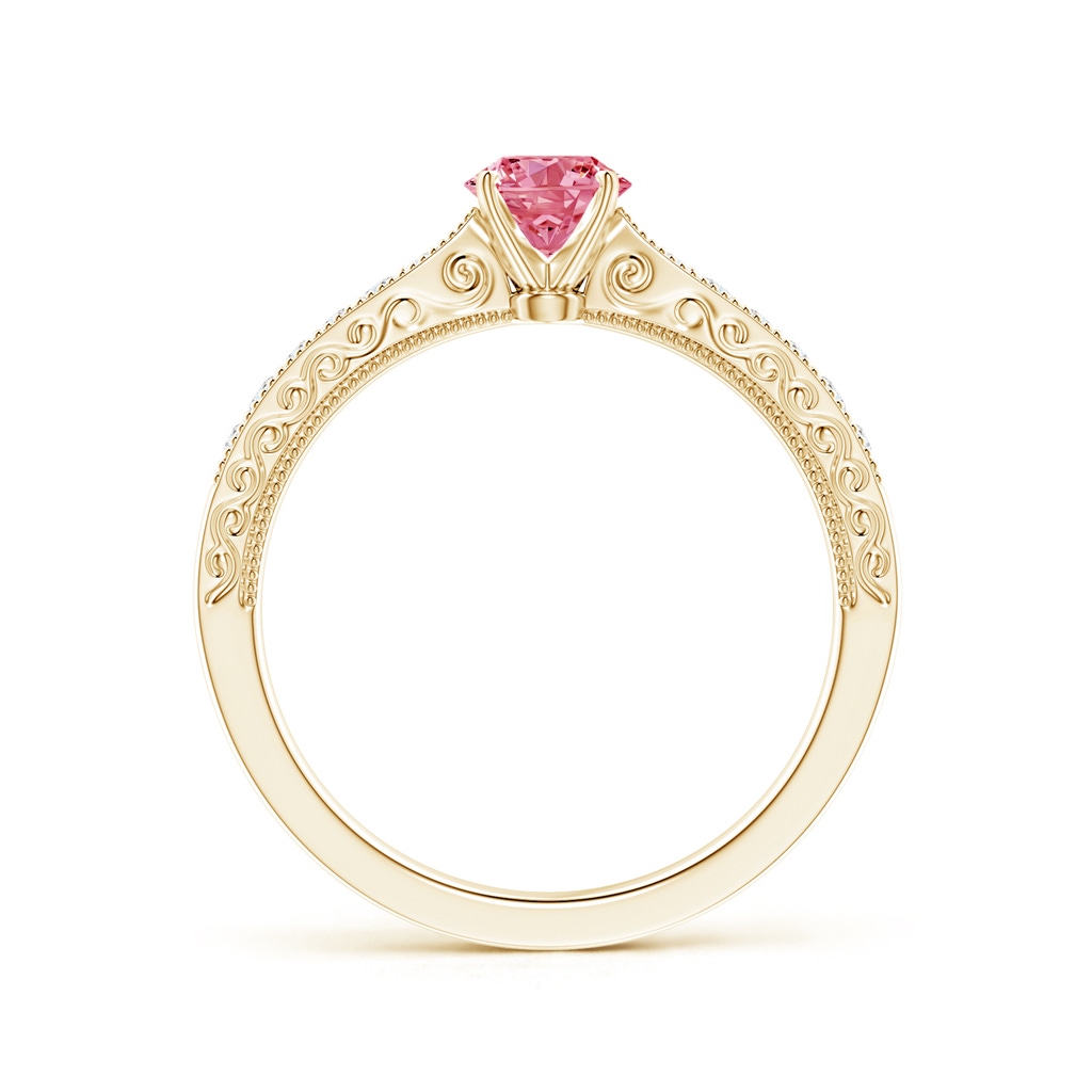4.6mm AAAA Fancy Intense Pink Diamond Solitaire Engraved Engagement Ring with Accents in Yellow Gold - side 199