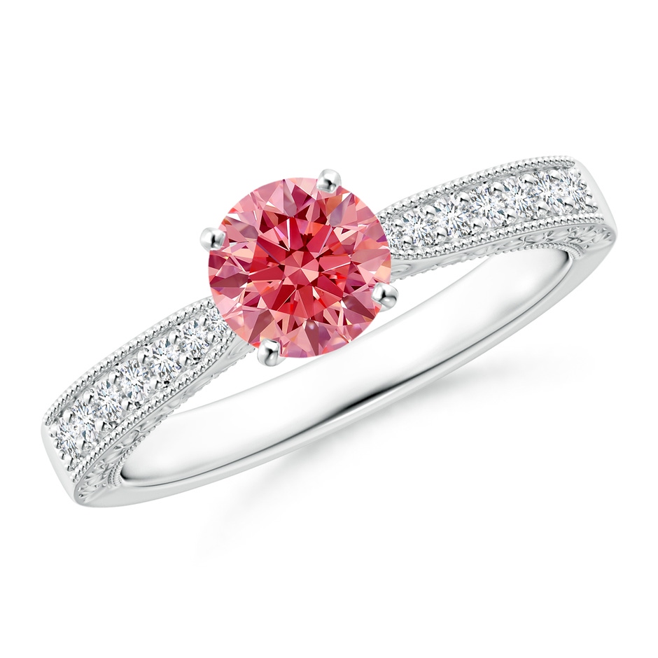 5.4mm AAAA Fancy Intense Pink Diamond Solitaire Engraved Engagement Ring with Accents in 18K White Gold 