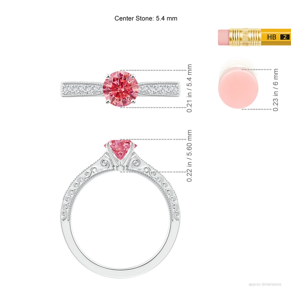5.4mm AAAA Fancy Intense Pink Diamond Solitaire Engraved Engagement Ring with Accents in 18K White Gold ruler