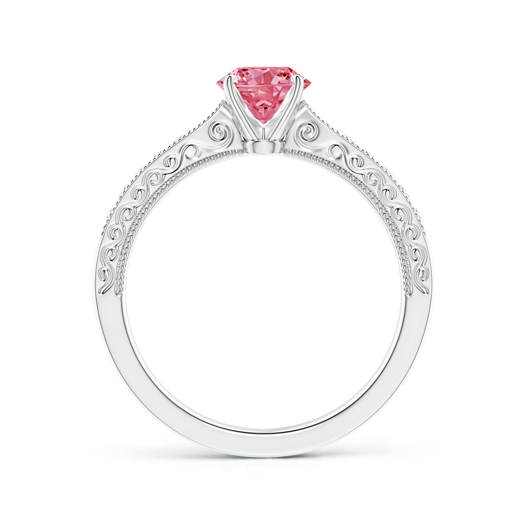 5.4mm AAAA Fancy Intense Pink Diamond Solitaire Engraved Engagement Ring with Accents in White Gold - side 199
