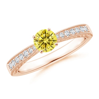 4.6mm AAAA Fancy Intense Yellow Diamond Solitaire Engraved Engagement Ring with Accents in 18K Rose Gold