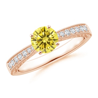5.4mm AAAA Fancy Intense Yellow Diamond Solitaire Engraved Engagement Ring with Accents in 18K Rose Gold