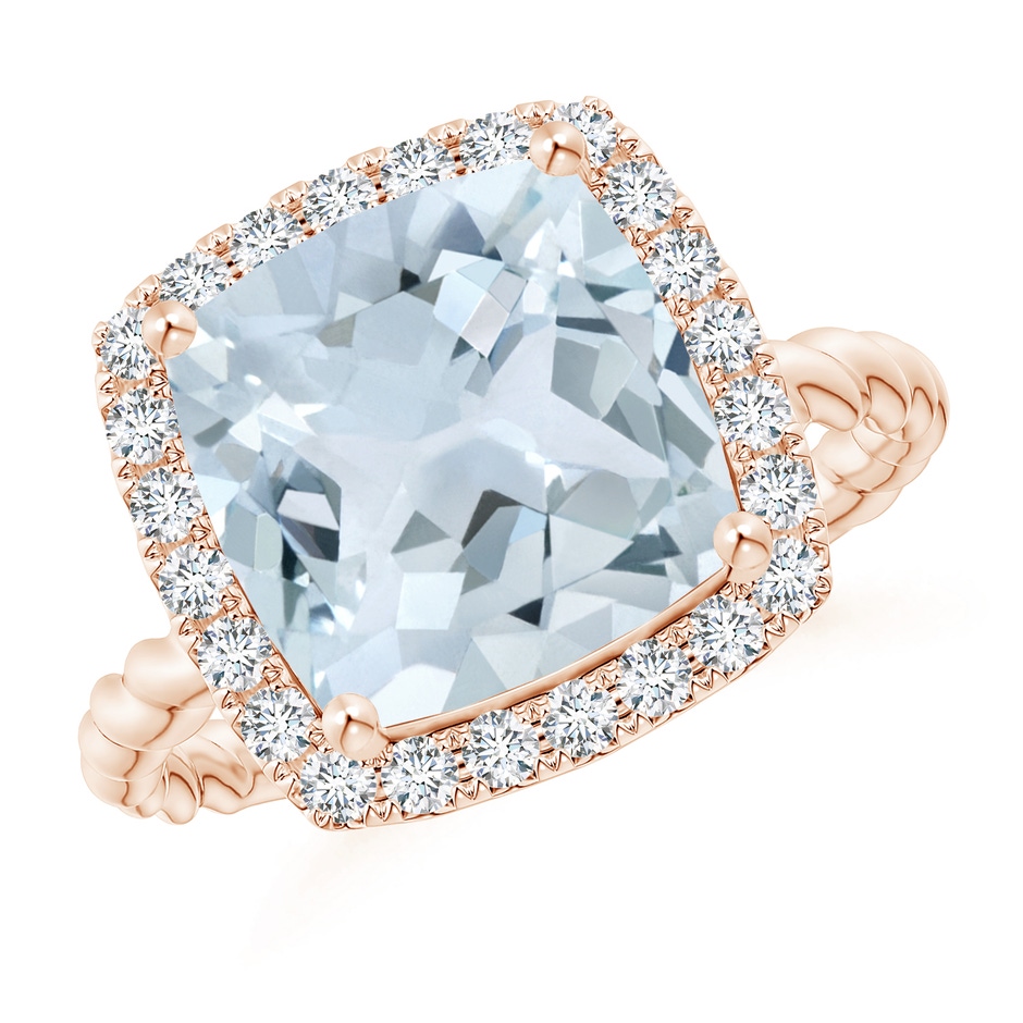 10mm A Cushion Aquamarine Twist Shank Halo Cocktail Ring in Rose Gold 