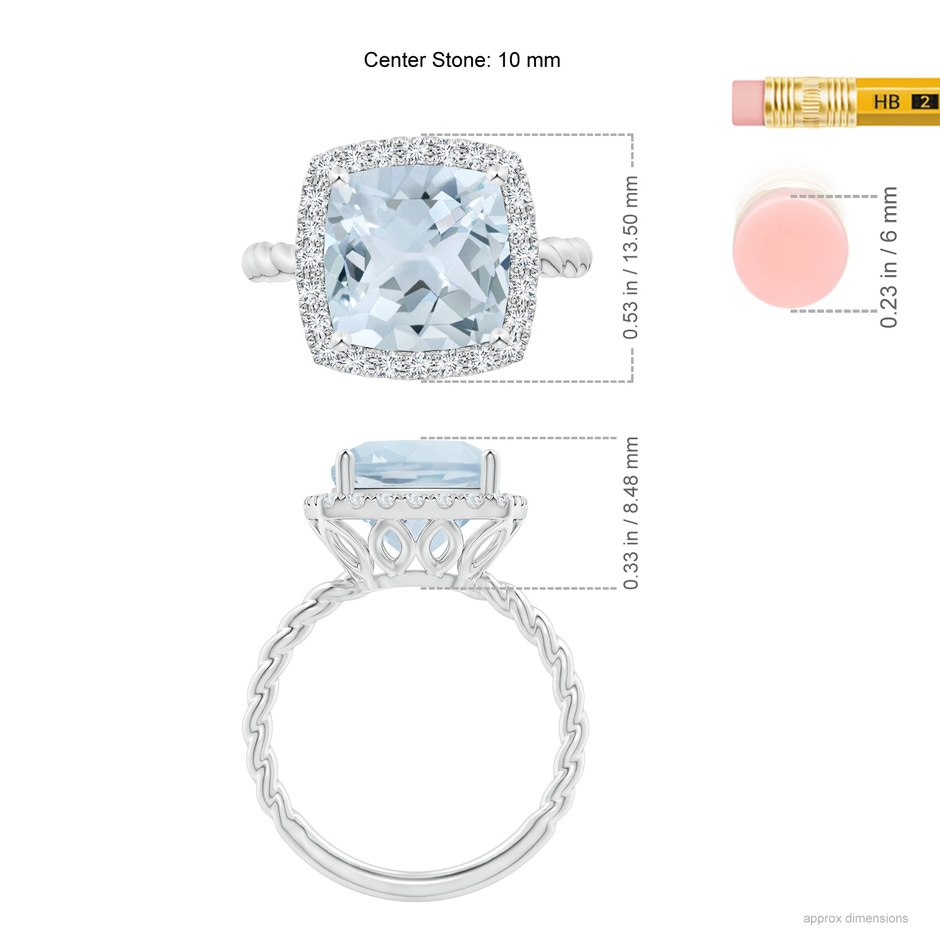 10mm A Cushion Aquamarine Twist Shank Halo Cocktail Ring in White Gold ruler