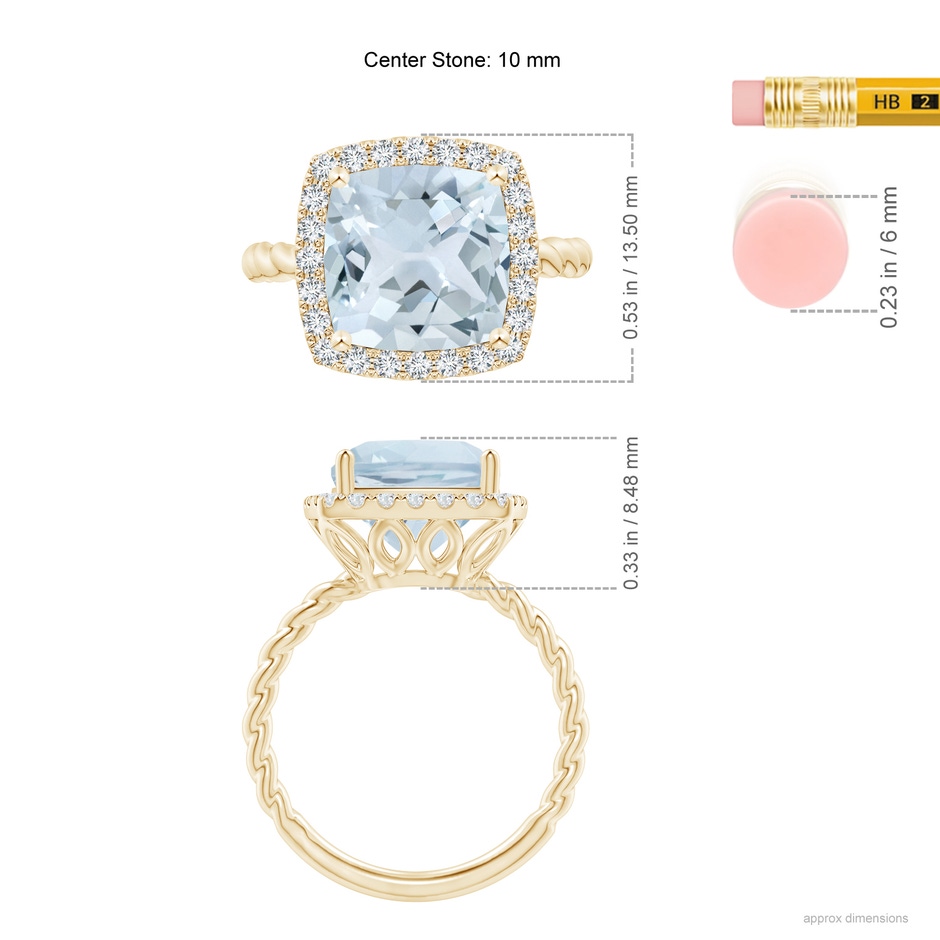 10mm A Cushion Aquamarine Twist Shank Halo Cocktail Ring in Yellow Gold ruler