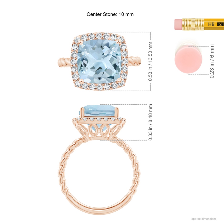 10mm AA Cushion Aquamarine Twist Shank Halo Cocktail Ring in Rose Gold ruler