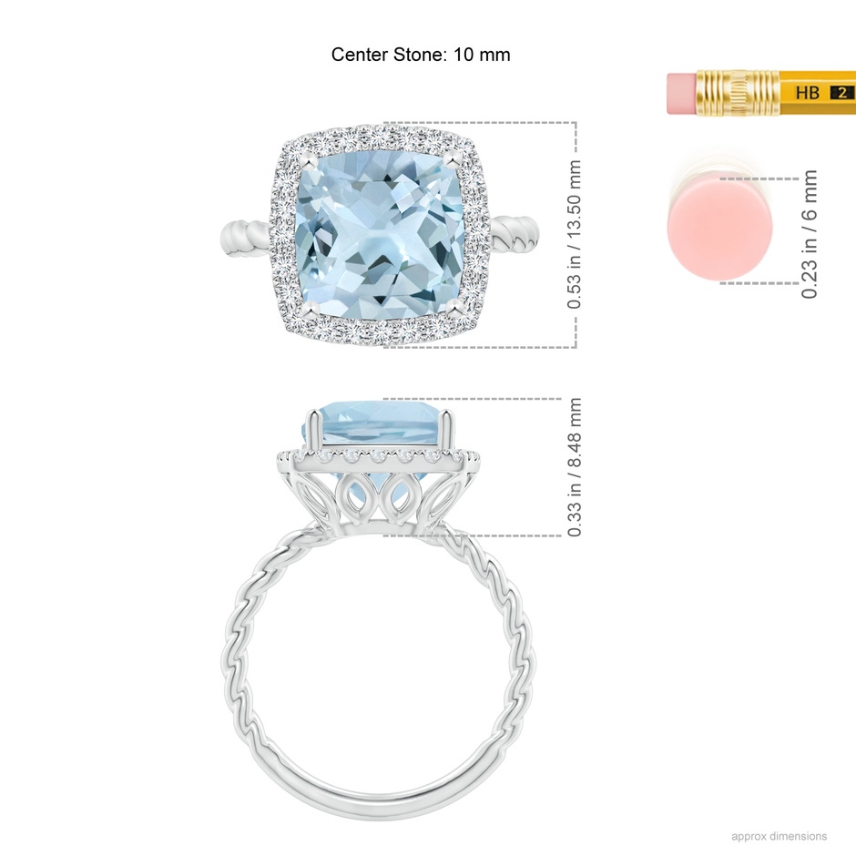 10mm AA Cushion Aquamarine Twist Shank Halo Cocktail Ring in White Gold ruler