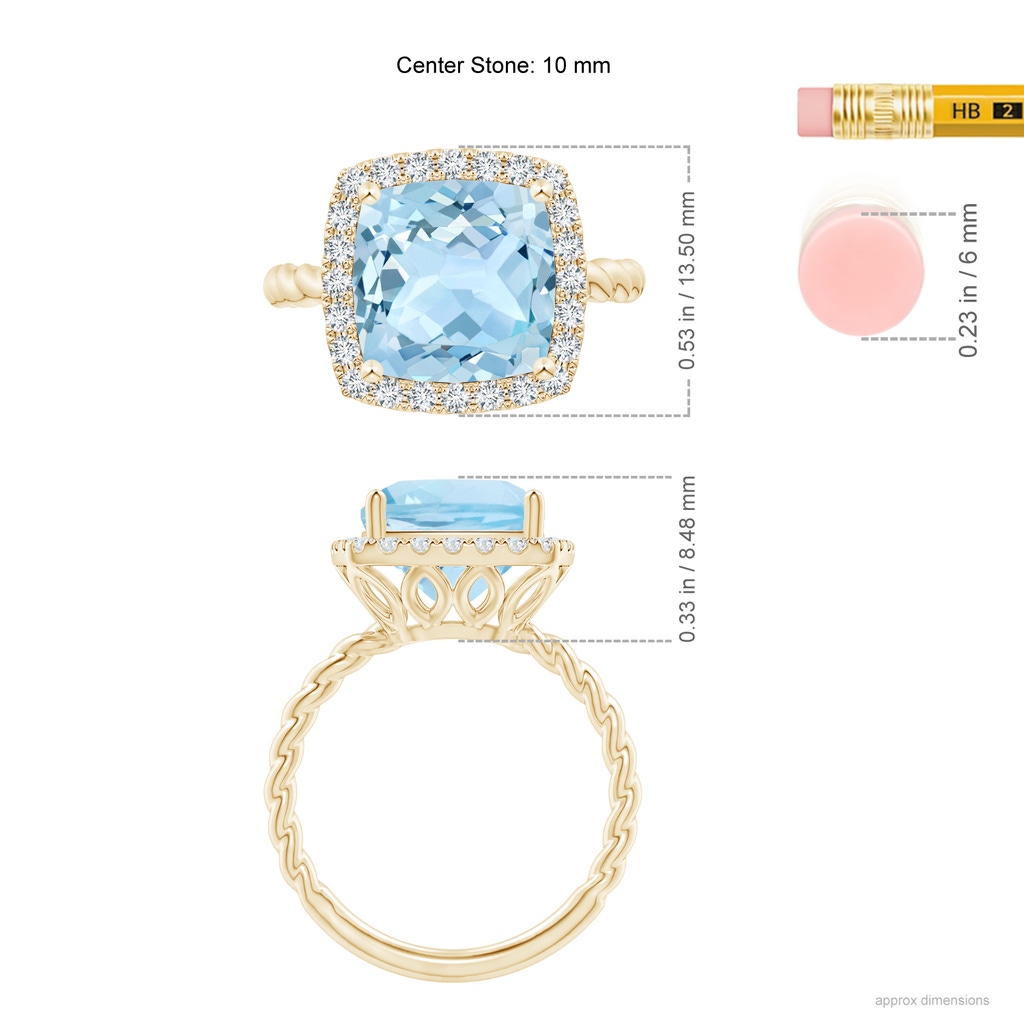 10mm AAA Cushion Aquamarine Twist Shank Halo Cocktail Ring in Yellow Gold Ruler