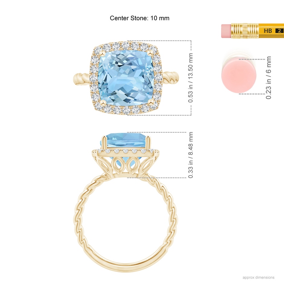 10mm AAAA Cushion Aquamarine Twist Shank Halo Cocktail Ring in Yellow Gold ruler