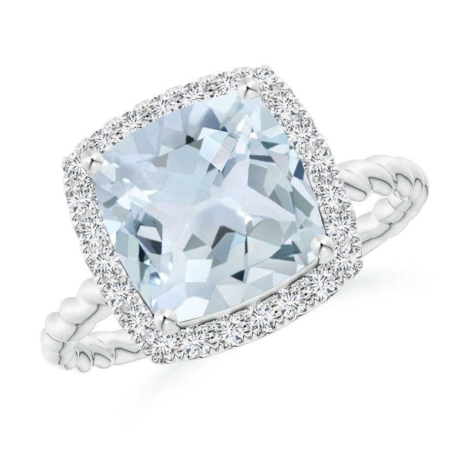 9mm A Cushion Aquamarine Twist Shank Halo Cocktail Ring in White Gold 