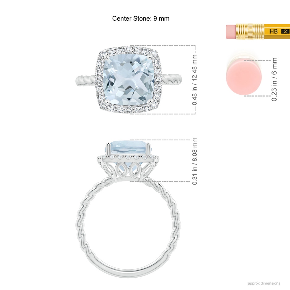 9mm A Cushion Aquamarine Twist Shank Halo Cocktail Ring in White Gold ruler
