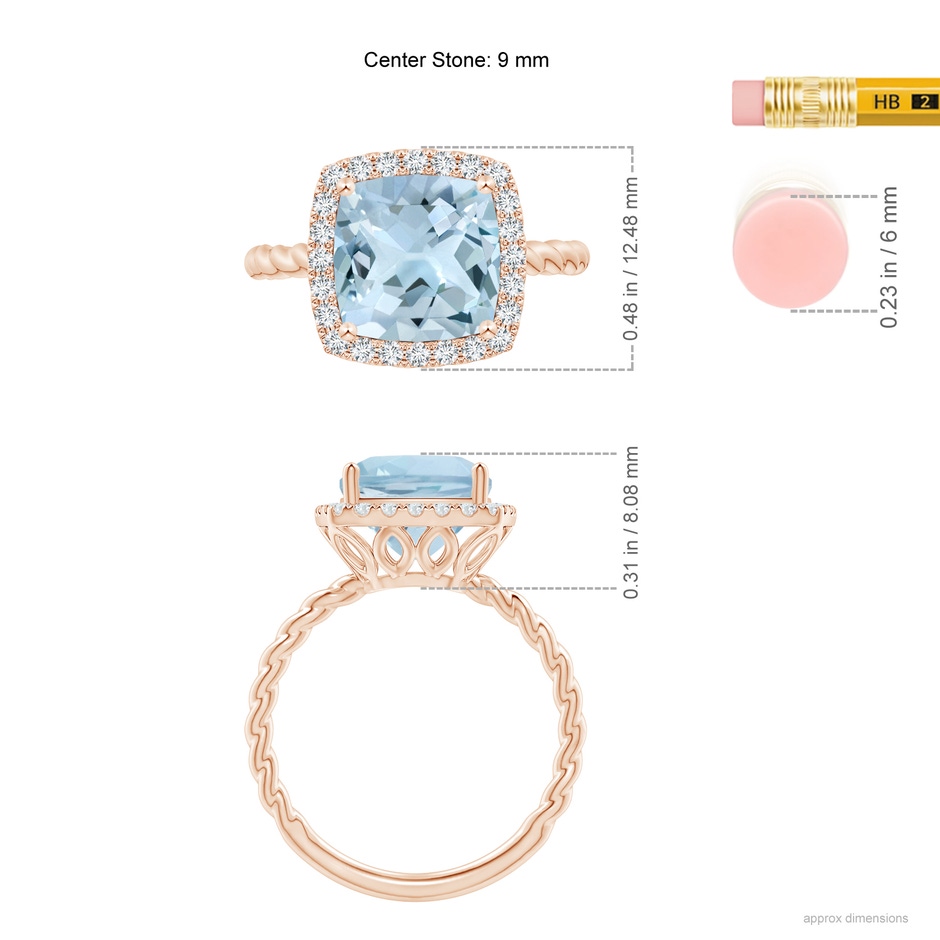 9mm AA Cushion Aquamarine Twist Shank Halo Cocktail Ring in Rose Gold ruler