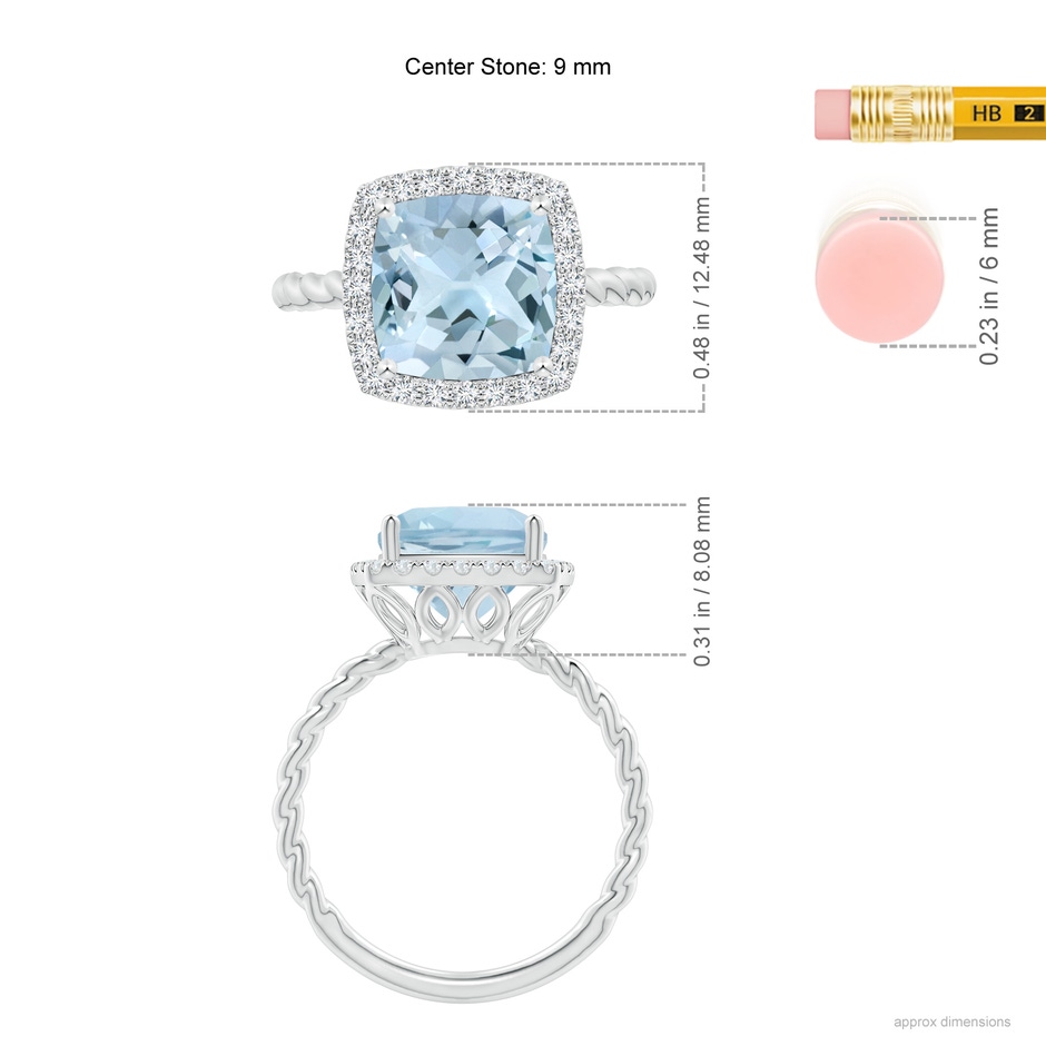 9mm AA Cushion Aquamarine Twist Shank Halo Cocktail Ring in White Gold ruler