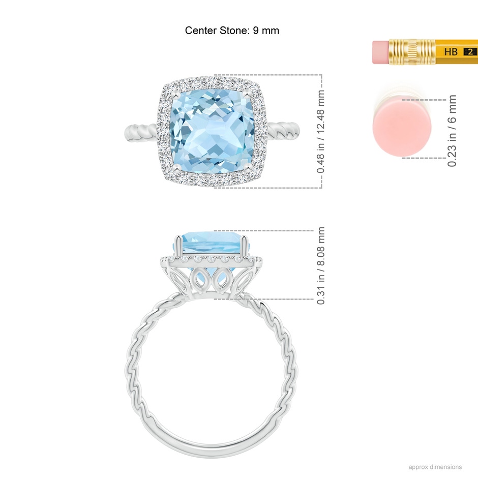 9mm AAA Cushion Aquamarine Twist Shank Halo Cocktail Ring in White Gold ruler