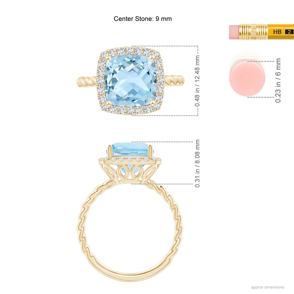 9mm AAA Cushion Aquamarine Twist Shank Halo Cocktail Ring in Yellow Gold ruler
