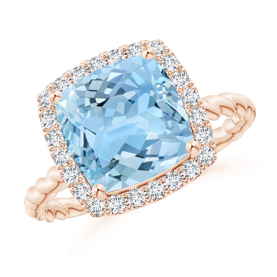 9mm AAAA Cushion Aquamarine Twist Shank Halo Cocktail Ring in Rose Gold 