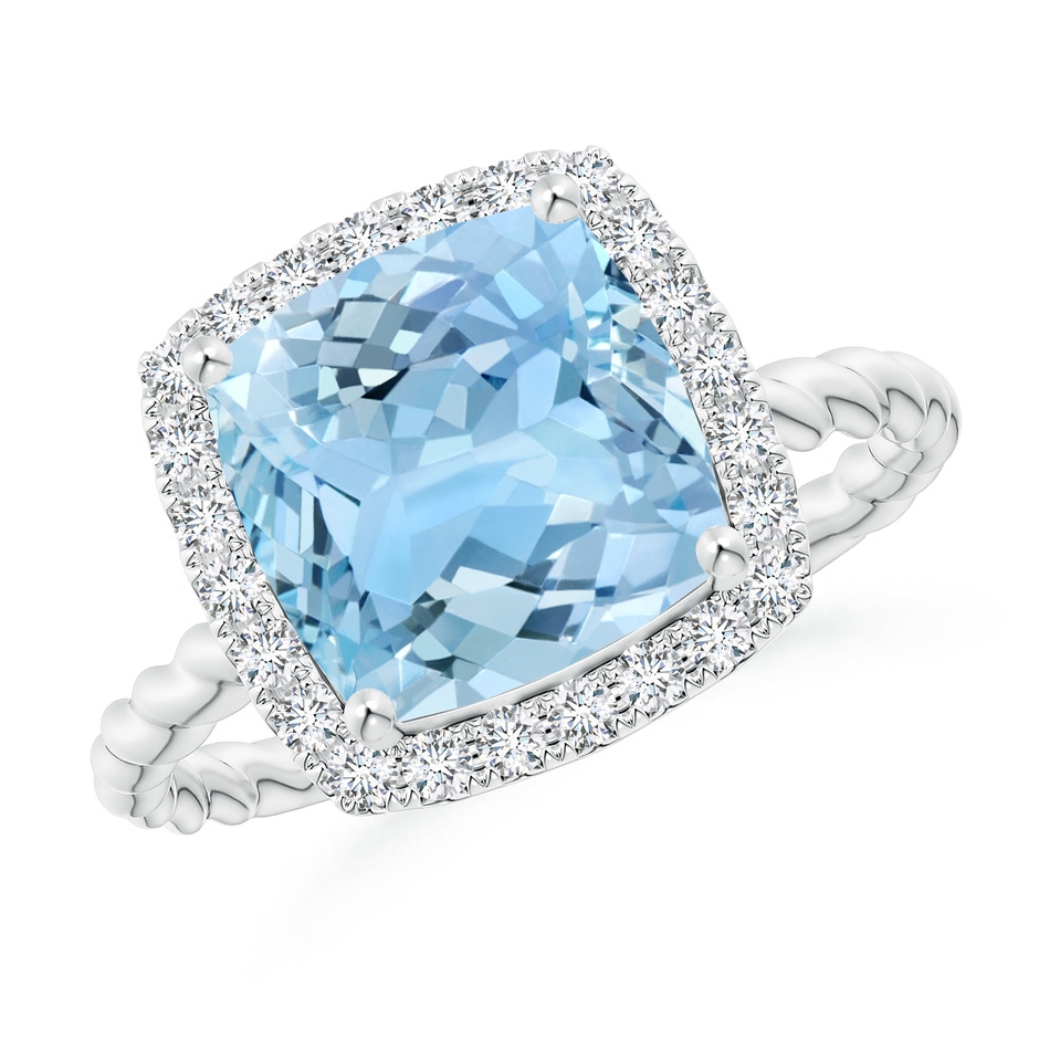 9mm AAAA Cushion Aquamarine Twist Shank Halo Cocktail Ring in White Gold 
