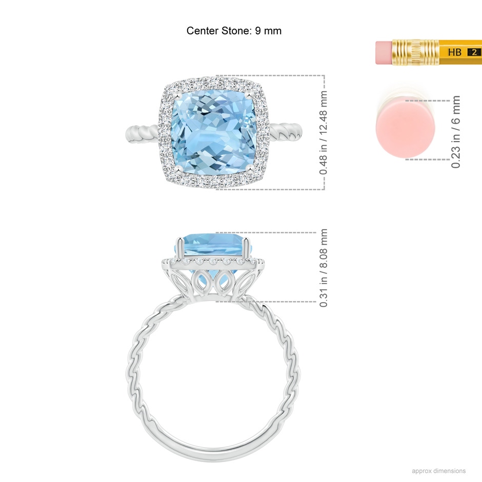 9mm AAAA Cushion Aquamarine Twist Shank Halo Cocktail Ring in White Gold ruler