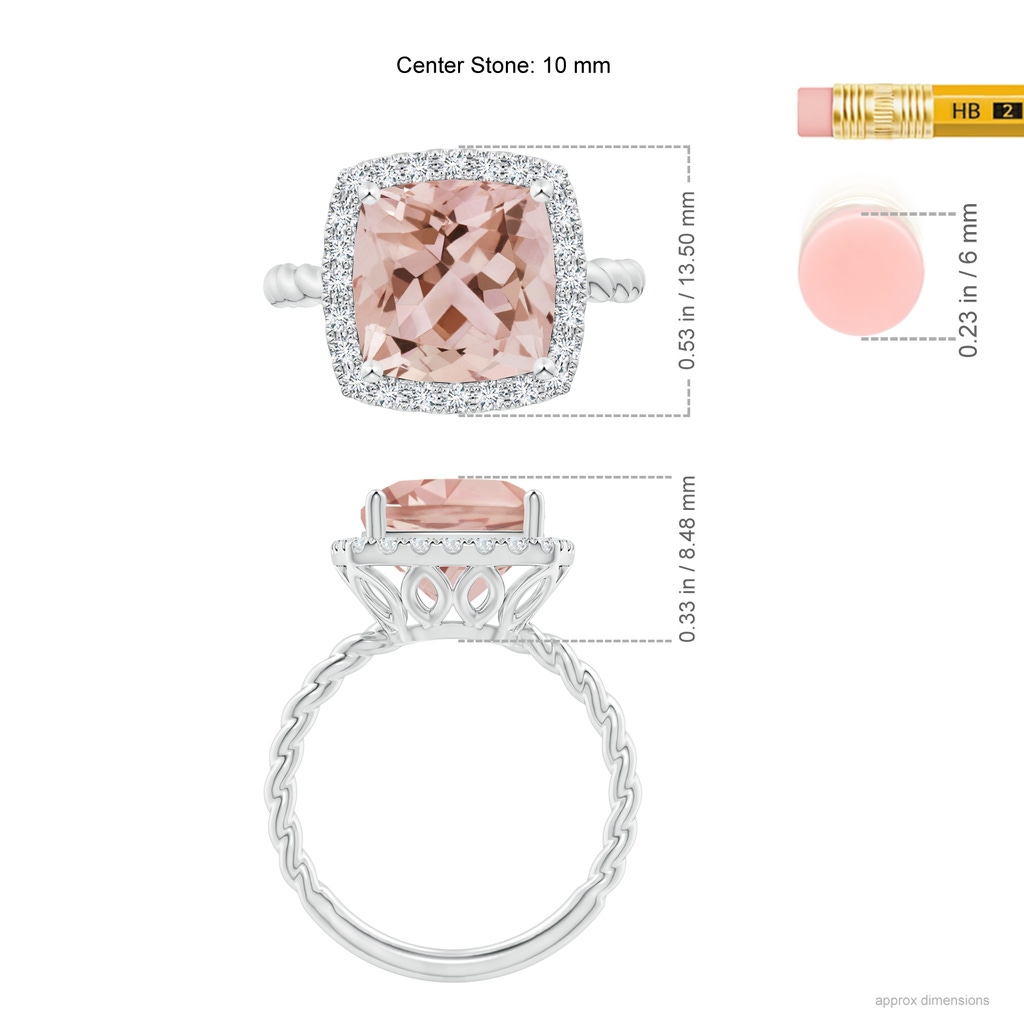 10mm AAA Cushion Morganite Twist Shank Halo Cocktail Ring in White Gold Ruler