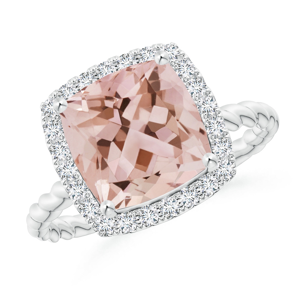 9mm AAA Cushion Morganite Twist Shank Halo Cocktail Ring in White Gold